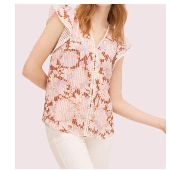 Kate Spade Blouse Womens Small Pink Short Flutter Sleeve V-Neck Boho Floral - Picture 1 of 8